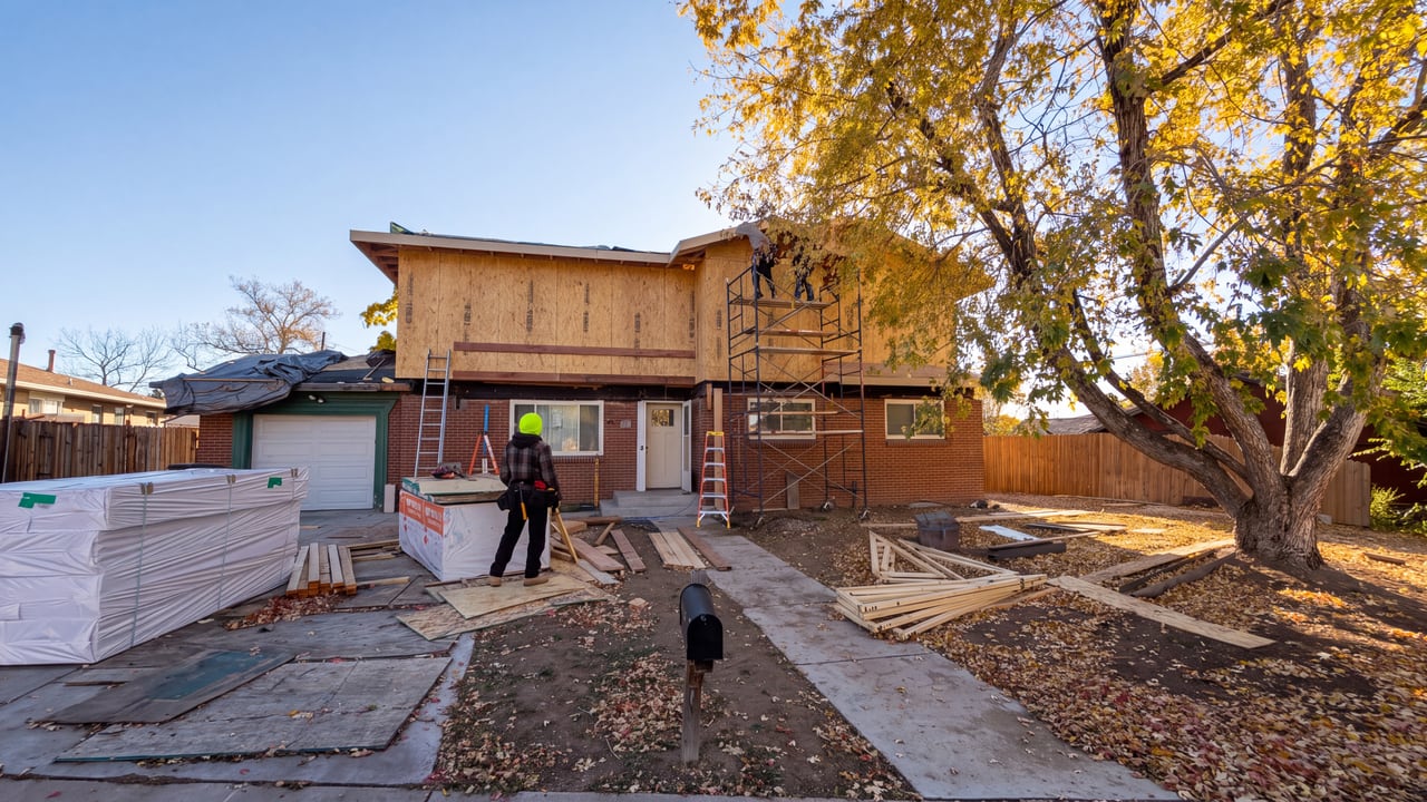 Backyard view of a home addition during construction