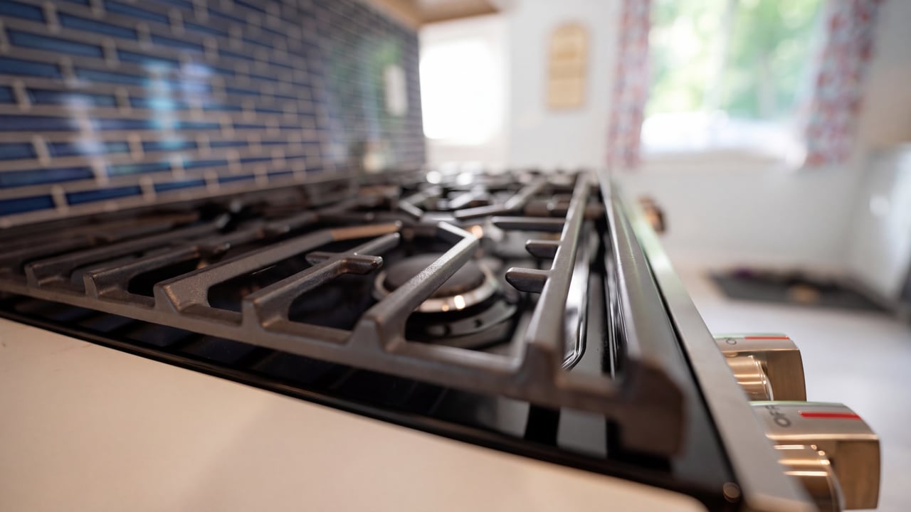 Close view of a gas range and dark tiled kitchen backsplash