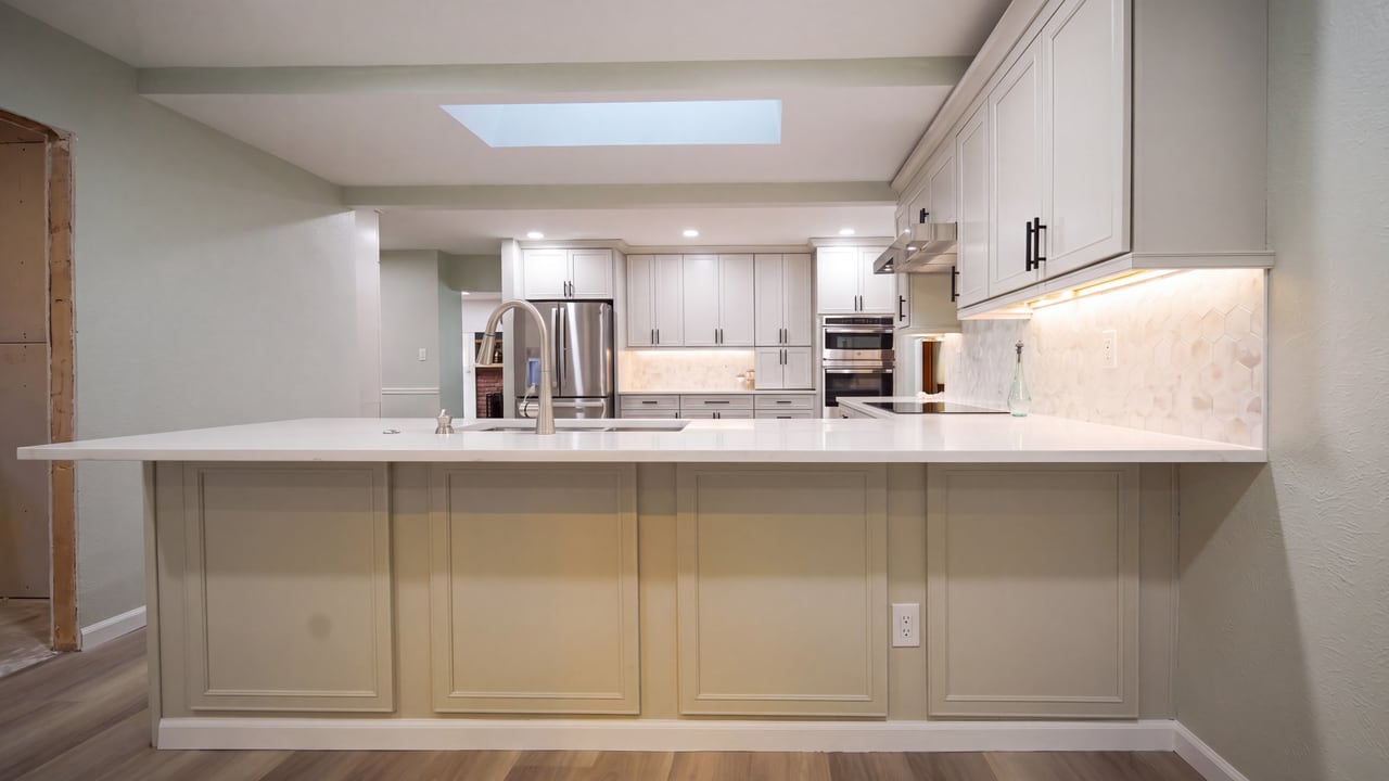 Long kitchen peninsula beneath a skylight