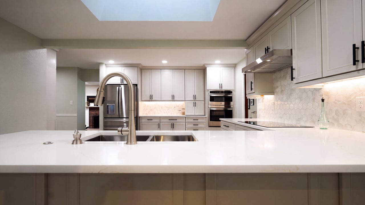 Kitchen island sink looking across an open white kitchen