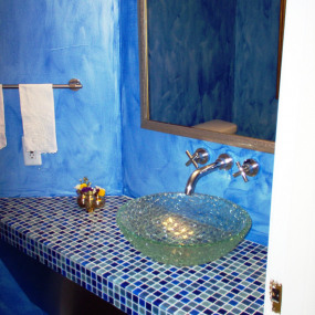 Arvada bathroom remodel with blue accents