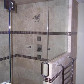 Shower with upgraded showerhead and custom tiling